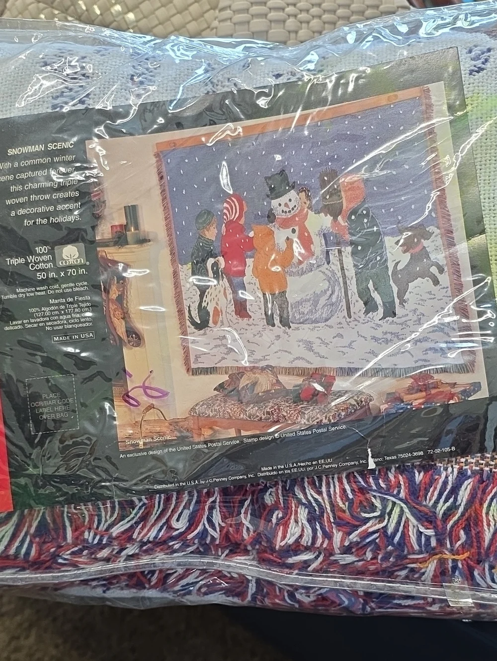 Iconic Vintage New Snowman Scenic Holiday Throw 100% Cotton - Red, White & Blue.